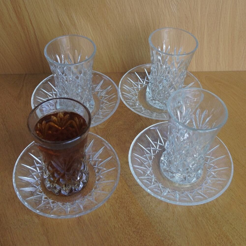 VTG Pressed Glass & Saucer Diamond Point Flared Tumbler Clear MCM Barware 4PK - Picture 5 of 7